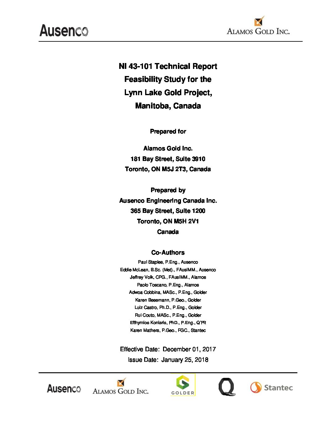 Technical Report 2018: Feasibility Study for the Lynn Lake Gold Project (PDF)