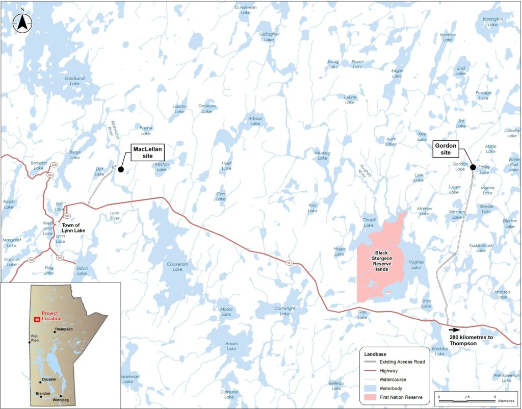 Image showing a map of both Macmellan and Gordon sites and surrounding areas. Image of Manitoba on the bottom left highlighting where the project location is on the map.