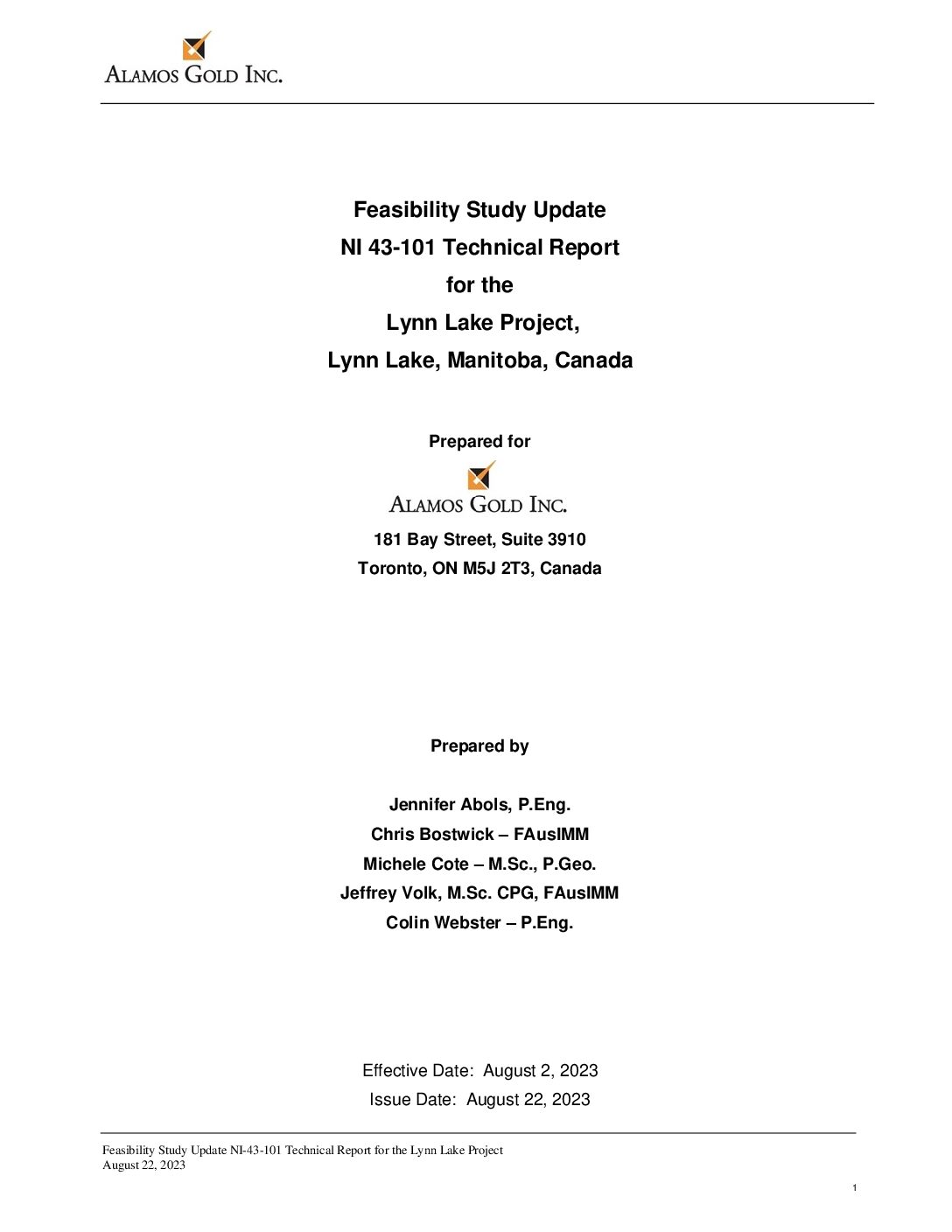 Technical Report Update 2023: Feasibility Study Update for the Lynn Lake Gold Project (PDF)